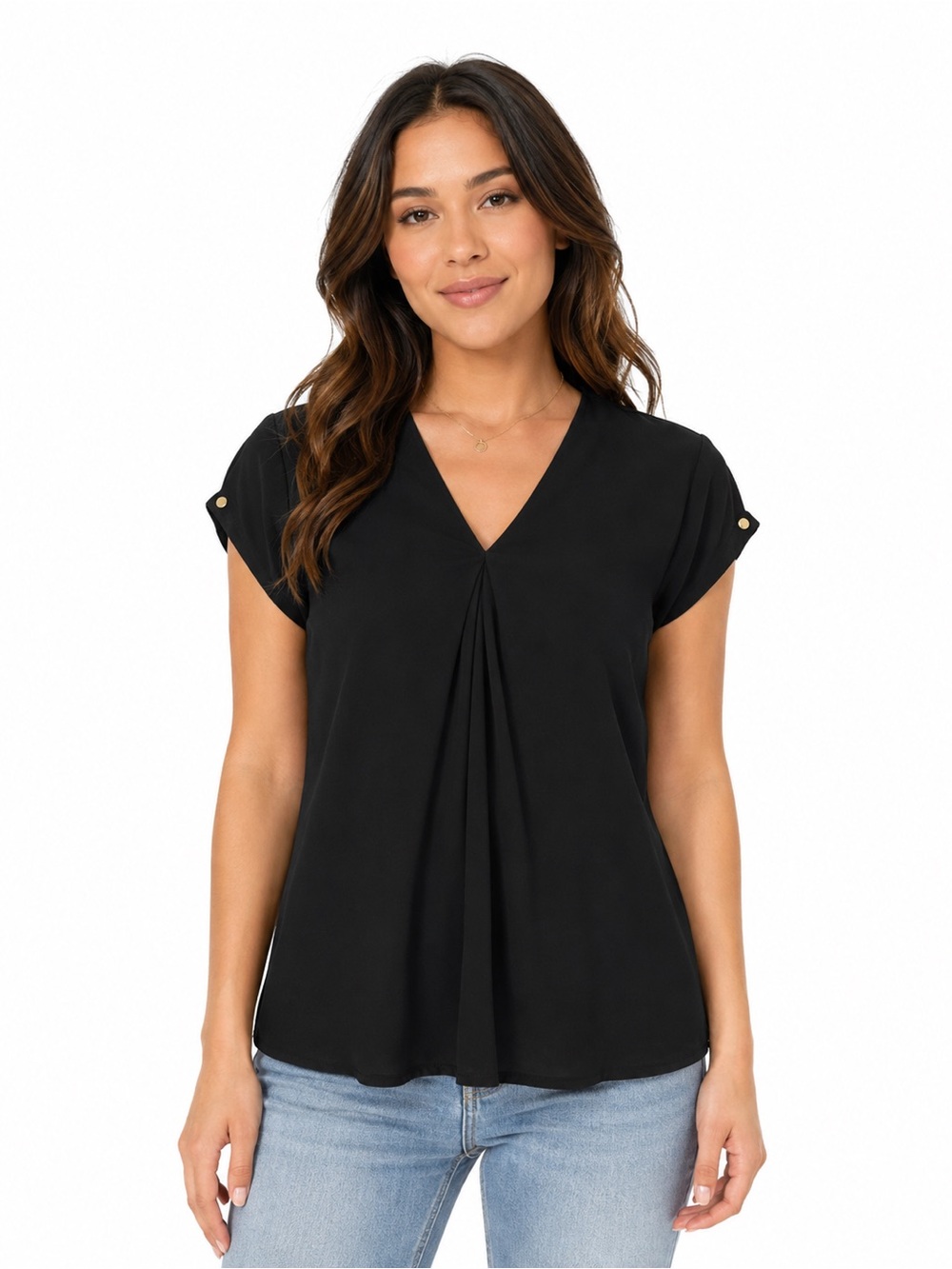 Michael Kors Black V-Neck Pleated Short Sleeve Blouse